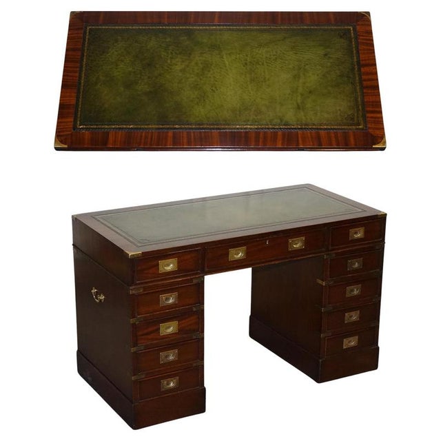 Fine Military Campaign Twin Pedestal Desk with Green Leather Top For Sale - Image 18 of 18
