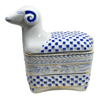 Vintage MCM Hungarian Hollohaza Porcelain Ram Figurine Trinket Box For Sale