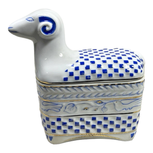 Vintage MCM Hungarian Hollohaza Porcelain Ram Figurine Trinket Box