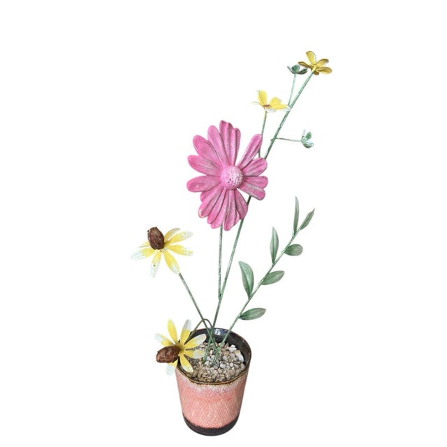 Vintage Italian Hand-Painted Toleware Metal Flowers in Glazed Ceramic Pot For Sale - Image 4 of 11