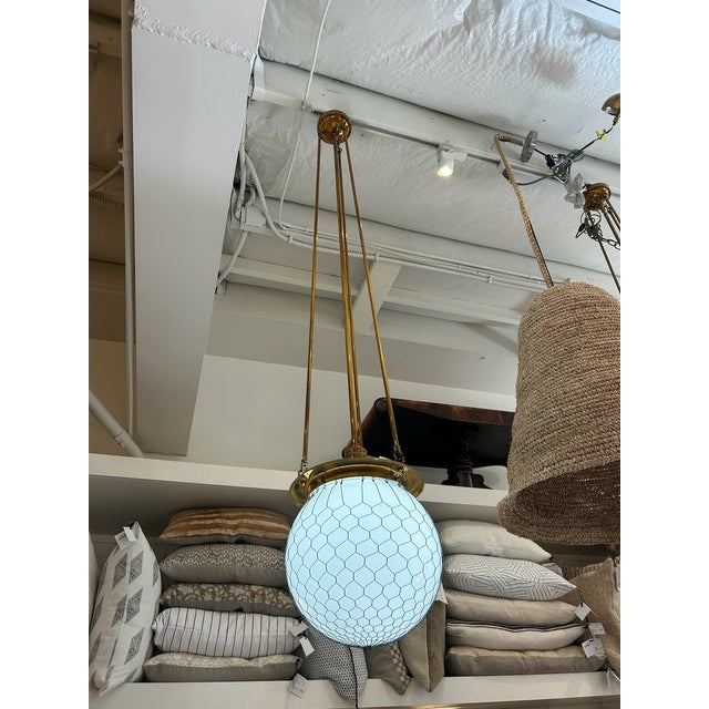 Late 20th Century Late 20th Century Unlacquered Brass Hood Classic Pendant With 12-Inch Opal Globe With Wire Mesh For Sale - Image 5 of 12