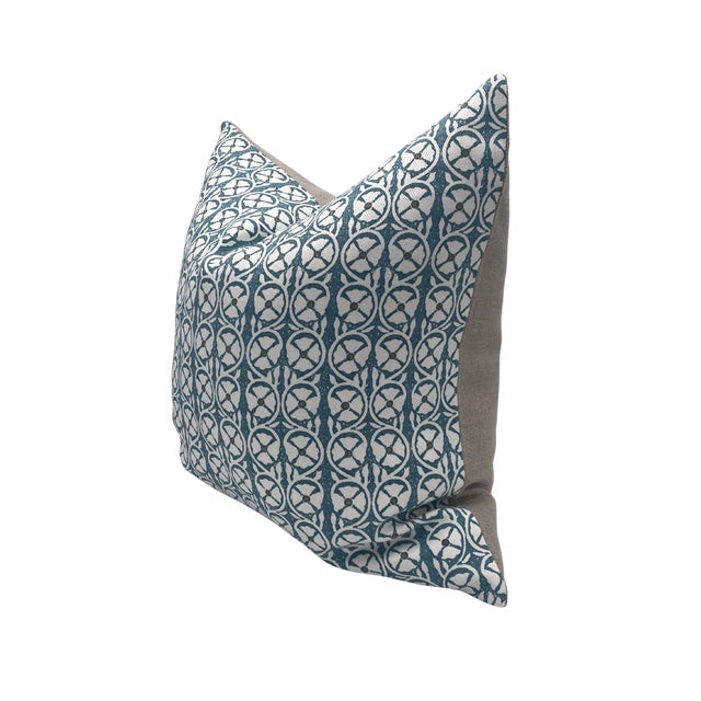 Pair of handcrafted pillows fashioned with Peter Fasano in Pasha Atlantic blue fabric on the front and backed in a flax...