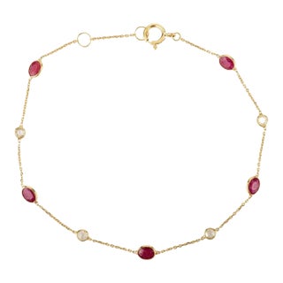 18k Gold Mozambique Ruby Diamond Station Chain Bracelet For Sale