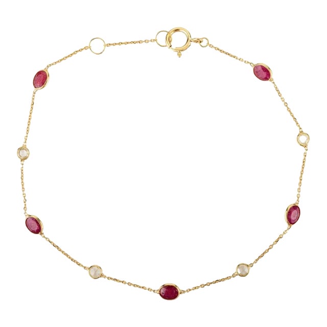 18k Gold Mozambique Ruby Diamond Station Chain Bracelet For Sale