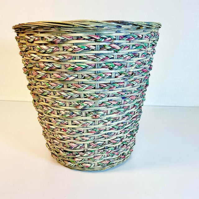 Boho Chic 1970s Vintage Boho Chic Coastal Colorful Dyed Wicker Wastebasket. For Sale - Image 3 of 12