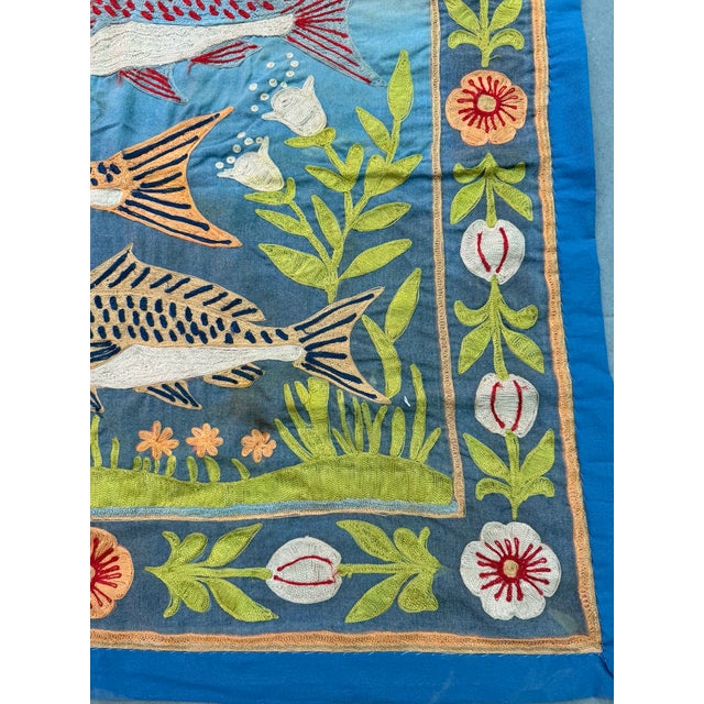 Vintage Hand-Embroidered Cotton Silk Thread Art Wall Hanging wiith Fish Motif, 1970s For Sale - Image 4 of 6