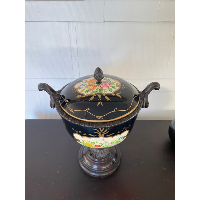 Beautiful Lidded Urn. Hand painted on Enamel. Double Handle.