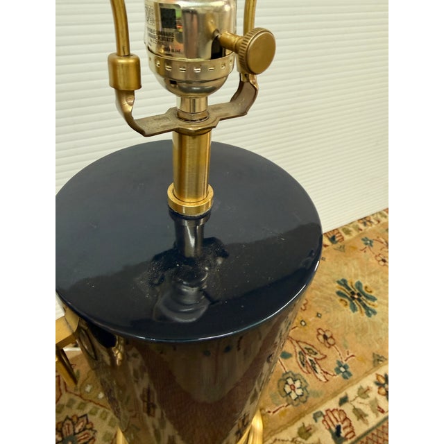 Ceramic Pottery Barn Navy Ceramic + Brass Table Lamps, Pair For Sale - Image 7 of 12