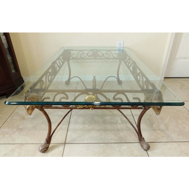 Vintage Neoclassical Wrought Iron Sculptural Ram's Head Thick Glass Top Coffee Table For Sale - Image 10 of 13
