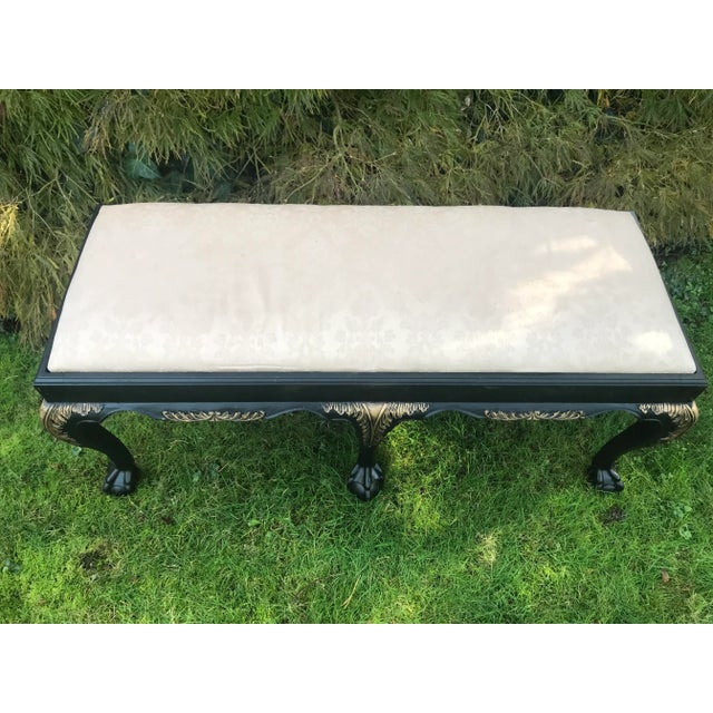 Vintage Bench Entry Foyer Hall Bedroom . Vintage Chippendale Style Bench with gold accented carved details. Burlap...