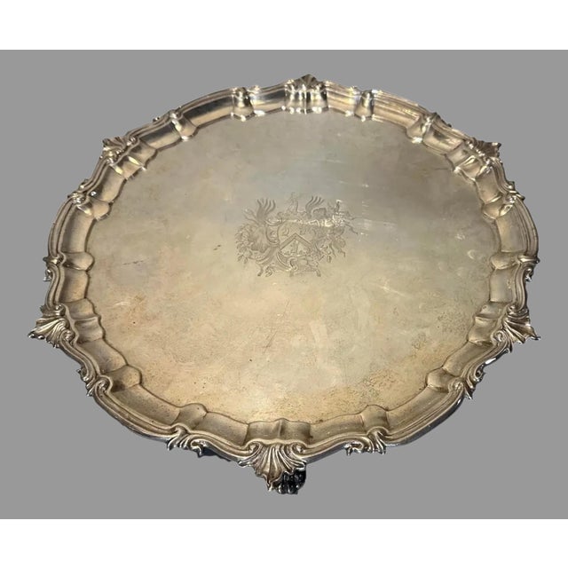 Silver Antique English Silver Paw Footed 13” Armorial Salver Serving Tray 2lb 6oz For Sale - Image 8 of 9