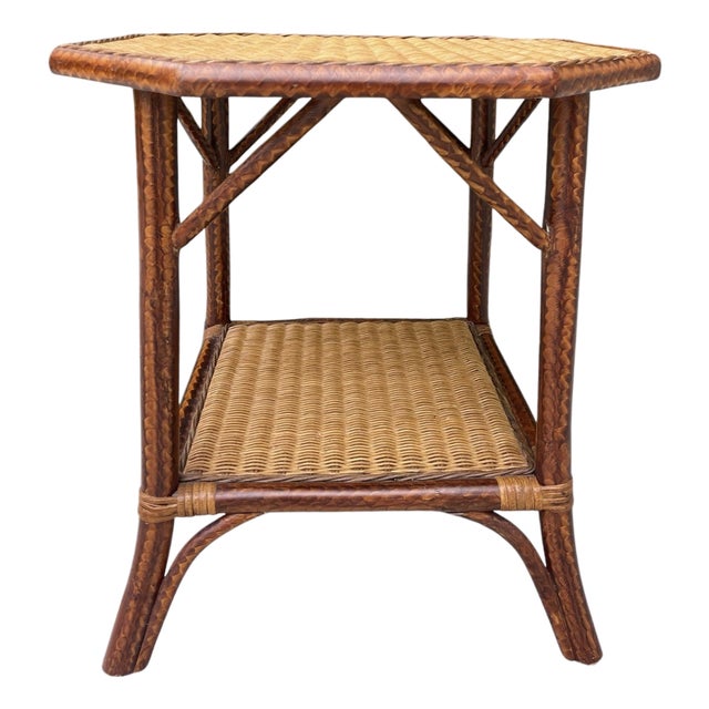 Vintage Palecek Tortoise Rattan & Wicker Side Table – Palm Beach Style For Sale