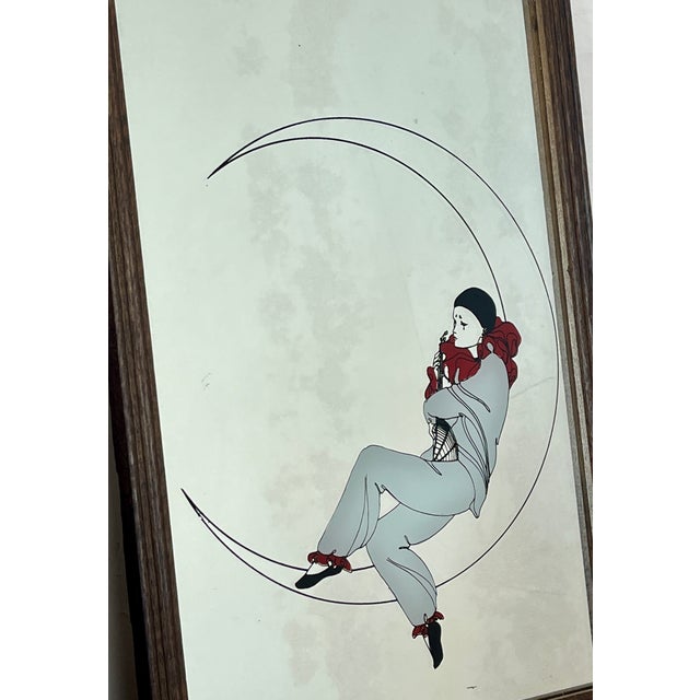 Blue Vintage Art Deco Mirrors with Pierrot Harlequin on Crescent Moon Artwork, 1970s, Set of 2 For Sale - Image 8 of 17