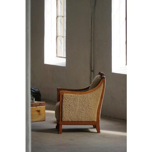 1920s Art Deco Danish Armchairs in Oak and Shearling Lambswool, 1930s, Set of 2 For Sale - Image 5 of 18