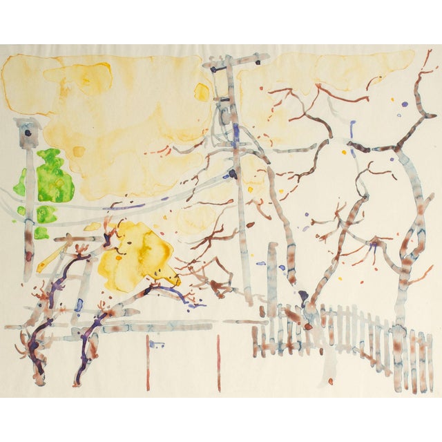 An abstract watercolor painting by the Canadian artist Walter Sorge (1931-2021). This piece features trees, power lines, a...