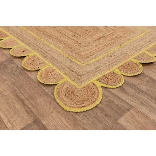 2.6'x6' Yellow Trim Jute Scallop Braided Hand Made Bohemian Rug For Sale - Image 10 of 13