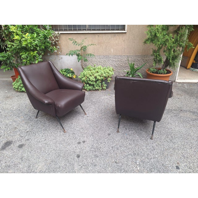 Armchairs in Dark Brown Eco-Leather, Iron Legs and Brass Finish by Gigi Radice for Minotti, 1950s, Set of 2, in Very Good...