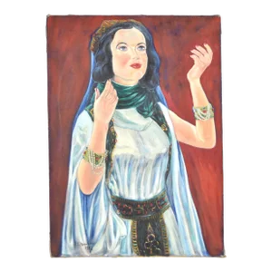 Vintage Oil Painting Elegant Woman in Embellished Gown and Bracelets
