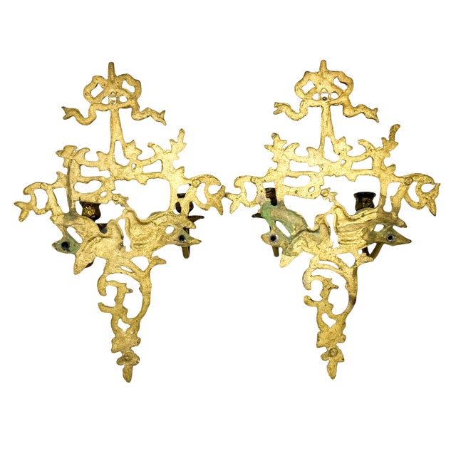 Brass Pair of Vintage Cast Brass Lovebird Wall Candle Sconces – Hollywood Regency / French Country For Sale - Image 8 of 15