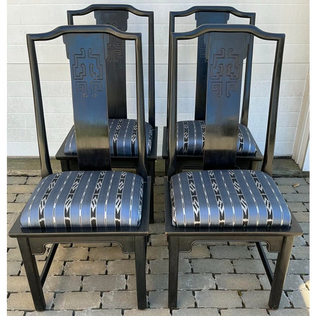 Set of fair Asian inspired “Chin Hua” dining side chairs designed by Raymond Sobota for Century Furniture, seats covered...