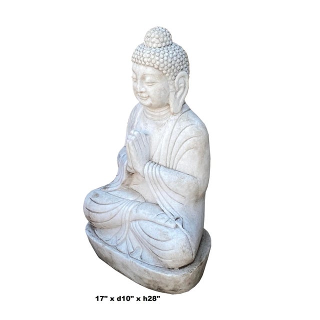 This is a Chinese Sitting Buddha Amitabha Shakyamuni carved from white color marble stone. It has a simple meditation...