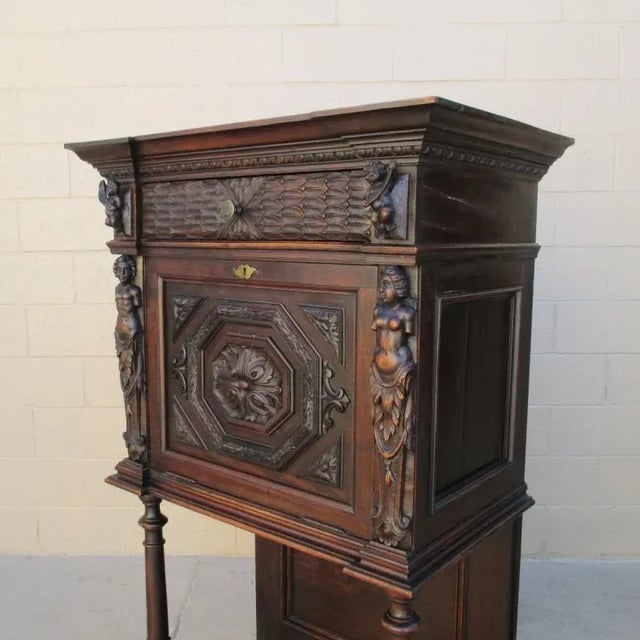 Late 19th Century Italian Antique Carved Oak Figural Drop Cabinet C. 1880 For Sale - Image 5 of 9