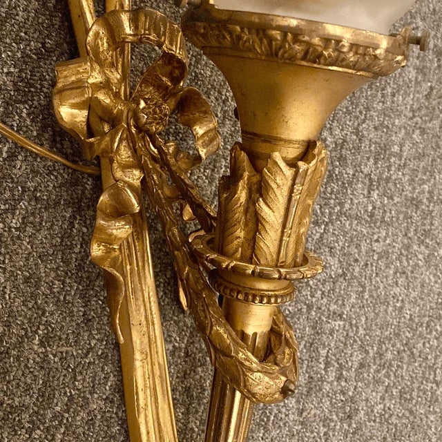 Bronze Mid 20th Century Maison Arlus Bronze Sconce Hand Holding Torch & Flame Glass Shade For Sale - Image 8 of 14