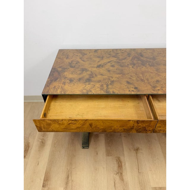 Vintage John Stuart MCM Burlwood Executive Desk Bronze Legs Glass Top Collectable For Sale - Image 11 of 13