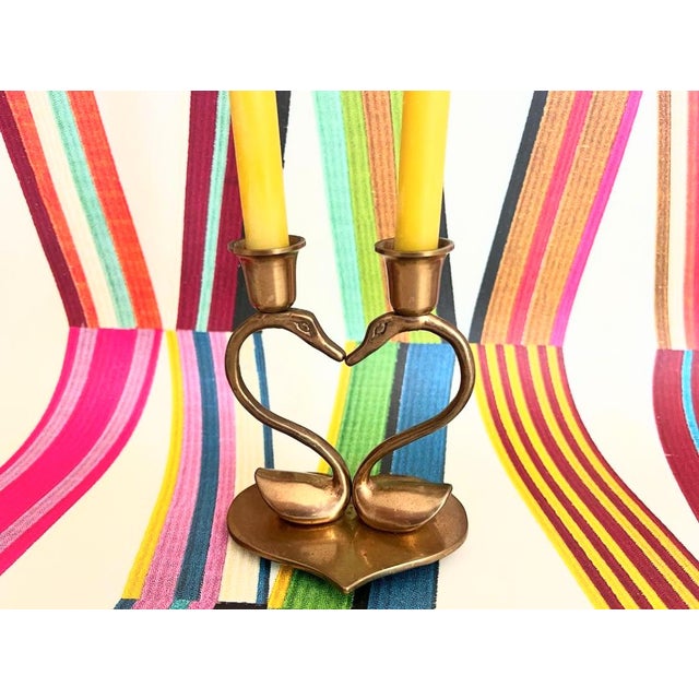 Mid-Century Modern 1960s Brass Swans Double Candlestick For Sale - Image 3 of 11