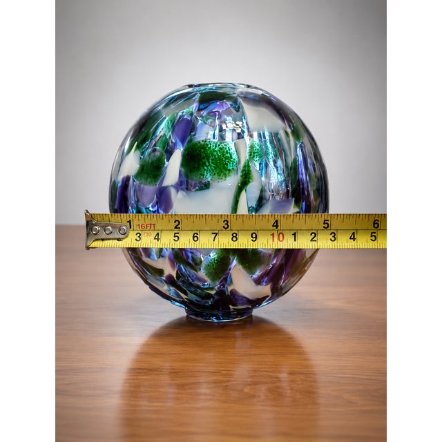 Pyromania Oregon Float Hand Blown Art Glass Orb Ball Paperweight Blue Green Purple Studio Glass Sculpture Coastal Decor Gift 4.5" For Sale - Image 9 of 9