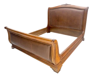 Carved Chestnut Brown Leather Upholstery Heavy Frame KING Size Sleigh Bed