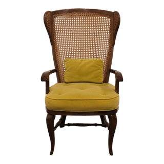 High End Vintage Solid Walnut Cane Wing Back Accent Arm Chair - Made in Spain For Sale