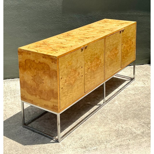 Vintage Bernhardt “Flair” Burl Wood Credenza on Chrome Base For Sale - Image 11 of 12