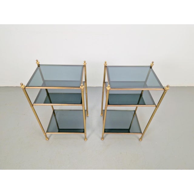 Metal Mid-Century Modern 3-Tier Side Tables in Brass and Smoked Glass from Maison Jansen, 1960s, Set of 2 For Sale - Image 7 of 13
