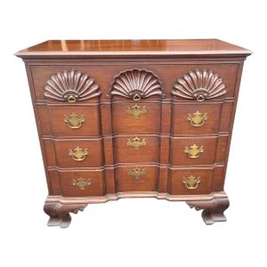 1930s Vintage Chippendale Block Front Shell Carved Chest