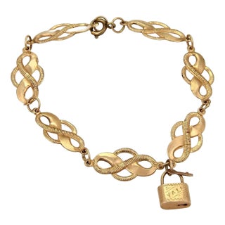 20285 - Victorian 14k Rose Gold Fancy Curved Link & Padlock Charm Bracelet For Sale