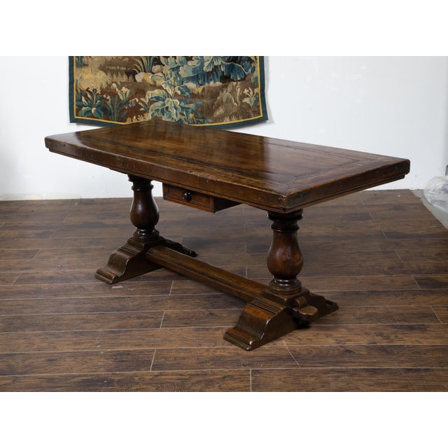 Wood Early Italian 19th Century Walnut Table with Trestle Base and Single Drawer For Sale - Image 7 of 12
