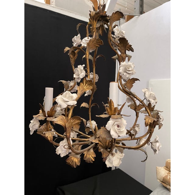 1950s Italian Birdcage Tole Chandelier With White Porcelain Roses For Sale - Image 4 of 8