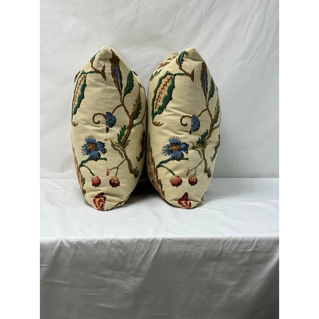 Custom-tailored 21”x21” pillows in Robert Allen Jardin Lila jute linen. Hidden zipper closures, serged seams. Feather/down...