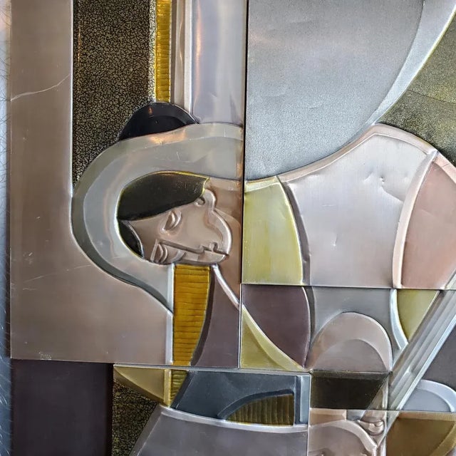 1970s Picasso's Guitarist Rendering in 3d Embossed Tinted Aluminum Metal Art Signed For Sale In Los Angeles - Image 6 of 13