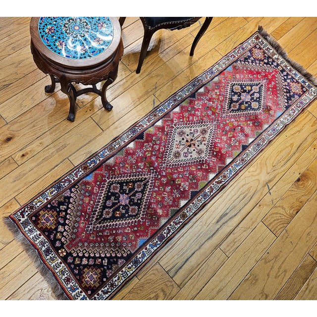 Persian Vintage Persian Qashqai Gabbeh Runner Rug, Hand-Knotted Wool, Geometric Medallions Pattern, 2x7, Red & Navy For Sale - Image 3 of 14