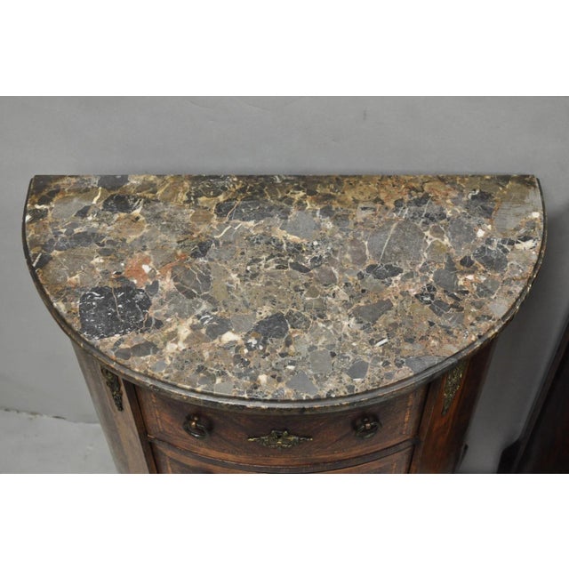 French Antique French Louis XV Style Demilune Marble Top 4 Drawer Nightstand Table Pair For Sale - Image 3 of 18