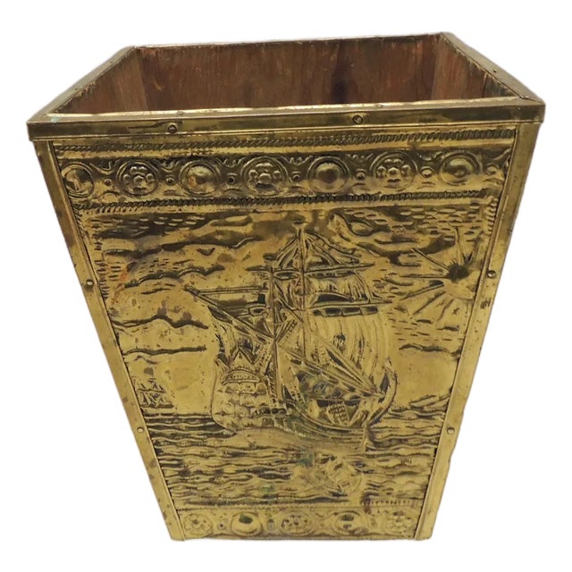 Vintage Brass Victorian Repousse Wastepaper Basket For Sale
