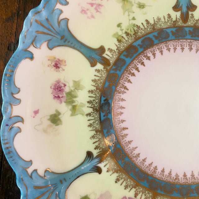 Victorian Prussia Plate and Bowl Set Hand Painted Vibrant Blue Border With Gold Accents For Sale - Image 3 of 16