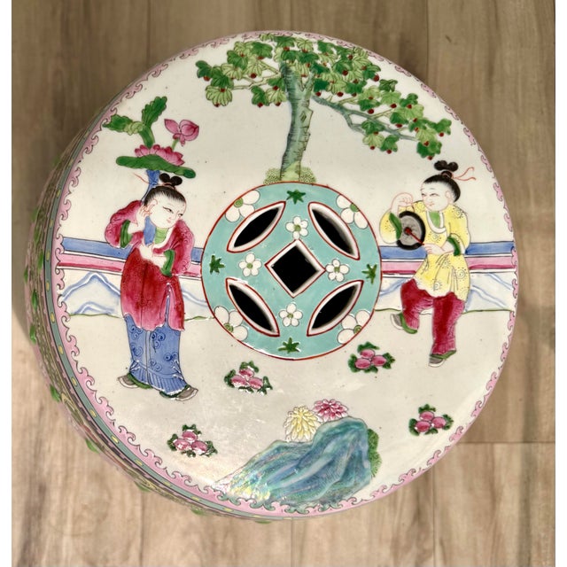 Chinoiserie Mid-20th C. Chinese Hand-Painted Porcelain Garden Stool With Figural Scenes For Sale - Image 3 of 12