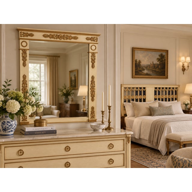 Elegant vintage Neoclassical-style wall mirror associated with Baker Furniture, featuring a warm antiqued cream finish...