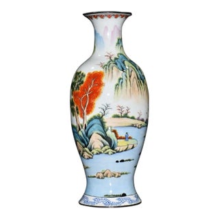 Vintage Chinese Enameled "Landscape" Vase With Turquoise Base, "Qianlong" Mark - 623g For Sale