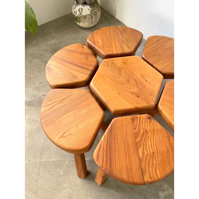 Flower Coffee Table Set with Elm Tripod Stools, 1950s, Set of 7 For Sale - Image 6 of 18