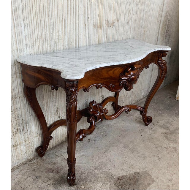 1900 - 1909 1900s French Regency Carved Walnut Console Table With White Marble Top For Sale - Image 5 of 13