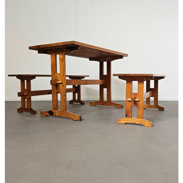Scandinavian Modern Pinewood Benches and Dining Table, 1970s, Set of 3 For Sale - Image 18 of 18